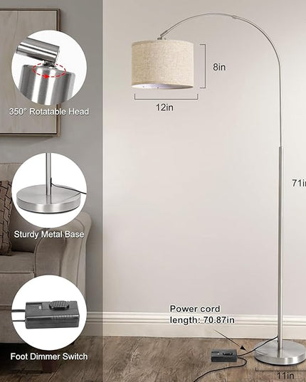 Floor Lamp for Living Room, Dimmable Arc Floor Lamp with Adjustable Head, Silver Finish Modern Floor Lamp, Over Couch Tall Standing Hanging Lights for Reading, Bedroom, Office, 9W 3000K Bulb Included - LeafyLoom