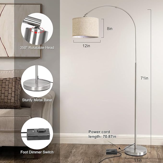 Floor Lamp for Living Room, Dimmable Arc Floor Lamp with Adjustable Head, Silver Finish Modern Floor Lamp, Over Couch Tall Standing Hanging Lights for Reading, Bedroom, Office, 9W 3000K Bulb Included - LeafyLoom