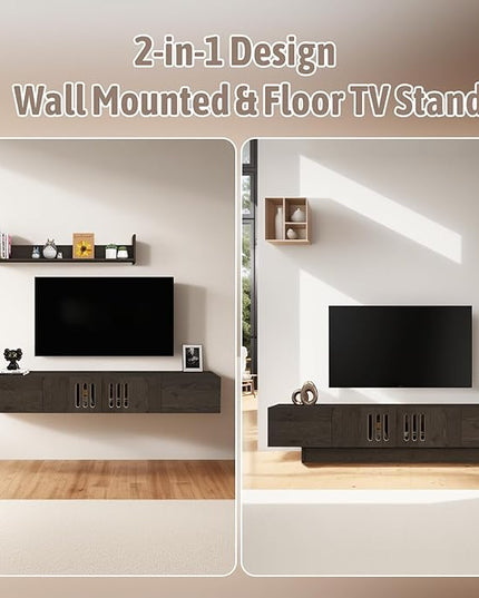 Pmnianhua Floating TV Stand,76'' Wall Mounted TV Cabinet, Mid Century TV Bench Under TV Entertainment Center Shelf TV Console Table with 4 Cabinets for Living Room Bedroom (Dark Grey) - LeafyLoom