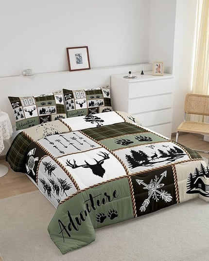 Rustic Farmhouse Kids Comforter Set King Size,Deer Antlers Bear Paws Plaids Patchwork Bedding Set for Boys Girls Adults Room Decor,Pine Trees Arrows Down Comforter,Retro Duvet Insert,2 Pillowcases - LeafyLoom