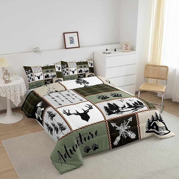 Rustic Farmhouse Kids Comforter Set King Size,Deer Antlers Bear Paws Plaids Patchwork Bedding Set for Boys Girls Adults Room Decor,Pine Trees Arrows Down Comforter,Retro Duvet Insert,2 Pillowcases - LeafyLoom