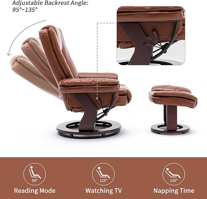 JC Home Swivel Ottoman Bonded Leather Recliner Chair and Foot Rest for Living Room, Home Theater, Man Cave, Bedroom-Round Mahogany Base-Modern, Contemporary Furniture, Extra Large, Tan - LeafyLoom