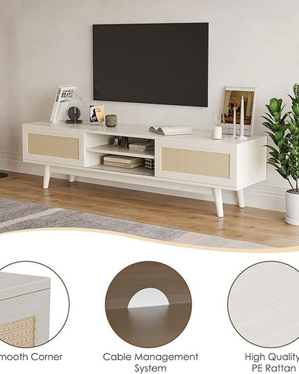 STARY 65''Mid Century Modern TV Stand,Boho Media Console Entertainment Center with Cable Management for Living Room, White - LeafyLoom