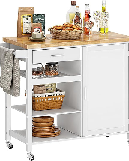 sogesfurniture Rolling Kitchen Serving Cart with Drawer and Storage Shelves, Kitchen Island Cart Trolley on Wheels with Rubberwood Countertop, Storage Cabinet, Towel Holder, White - LeafyLoom