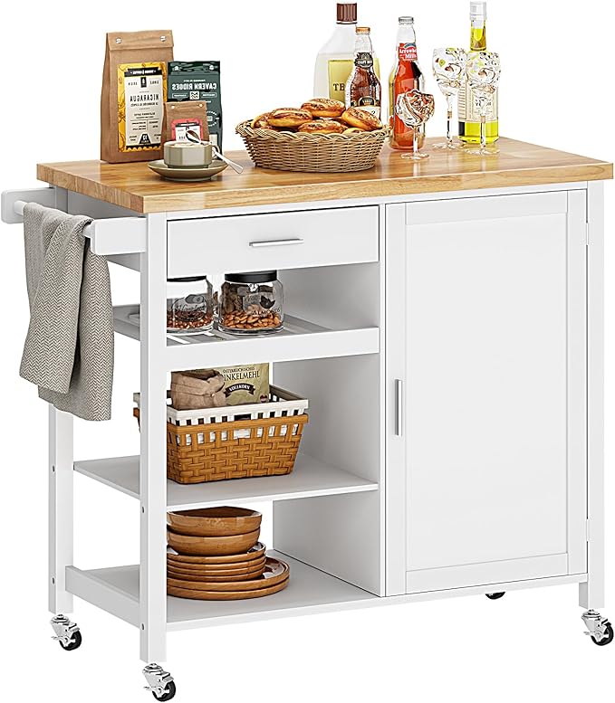 sogesfurniture Rolling Kitchen Serving Cart with Drawer and Storage Shelves, Kitchen Island Cart Trolley on Wheels with Rubberwood Countertop, Storage Cabinet, Towel Holder, White - LeafyLoom