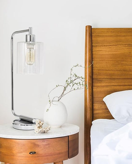 Simple Designs LD1036-CHR-LB 18.8" Industrial Bronson Antique Style Iron Lantern Desk Table Lamp with Glass Shade for Home Décor, Office, Living Room, Bedroom, Chrome, with Feit LED Bulb Included - LeafyLoom