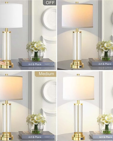 QiMH Touch Control Table Lamp Set of 2 with USB Ports, 3-Way Dimmable Nightstand Lamp with Fabric Cream Shade, Modern Bedside Lamp for Living Room Bedroom Reading, LED Bulbs Included - LeafyLoom