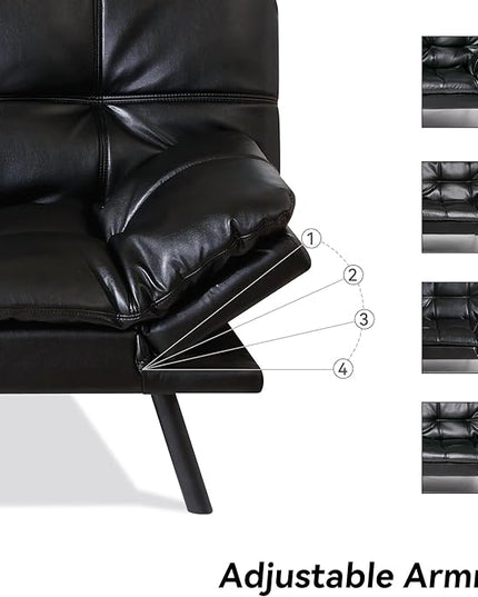 Memory Foam Faux Leather Futon Sofa Bed Couch,Convertible Futon Sofa Couch,Loveseat Sleeper Sofa Bed,Small Splitback Modern Sofa Bed for Living Room,Office,Apartment,Bright Black - LeafyLoom