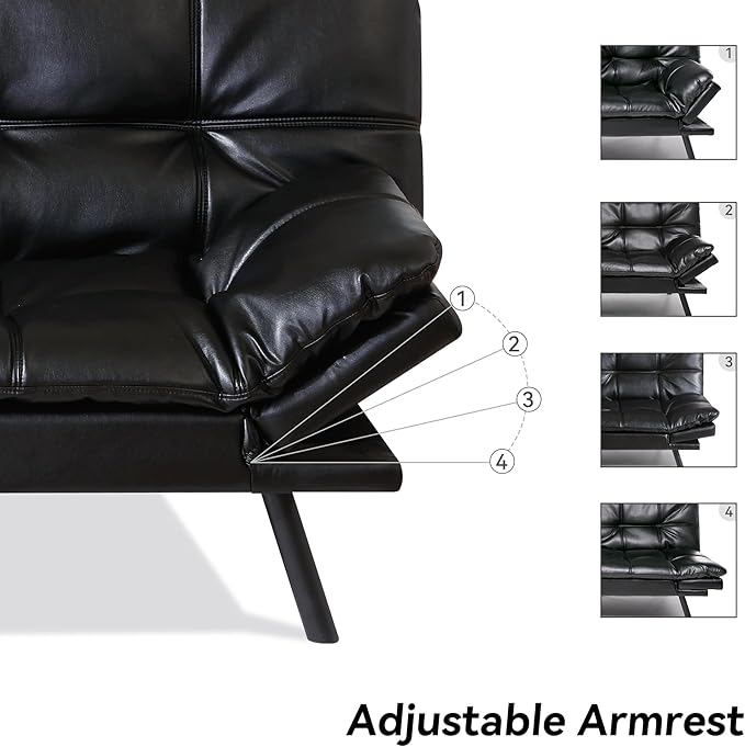 Memory Foam Faux Leather Futon Sofa Bed Couch,Convertible Futon Sofa Couch,Loveseat Sleeper Sofa Bed,Small Splitback Modern Sofa Bed for Living Room,Office,Apartment,Bright Black - LeafyLoom