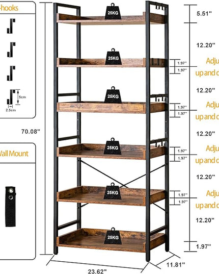 HCHQHS Adjustable 6 Tier Open Bookcase, Rustic Farmhouse Book Shelves, Industrial Wood and Black Metal Bookshelves, Mid Century Bookcase for Home Office Living Room Bedroom - LeafyLoom