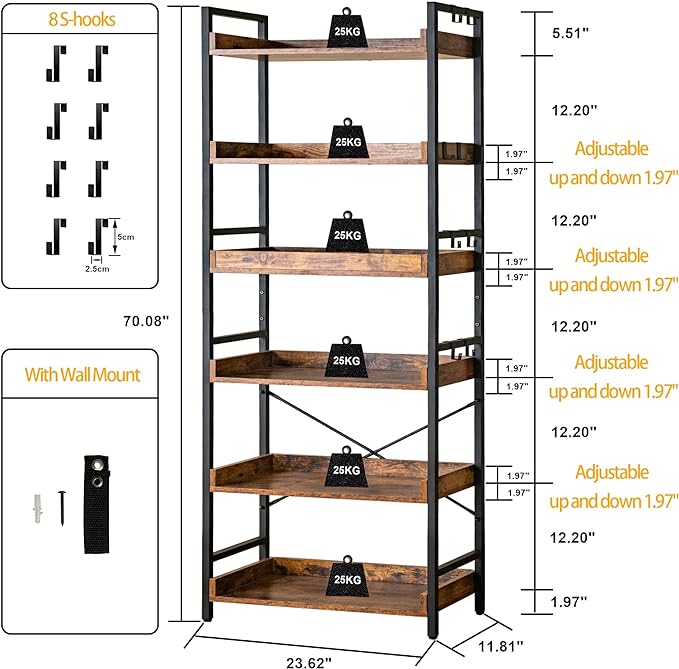 HCHQHS Adjustable 6 Tier Open Bookcase, Rustic Farmhouse Book Shelves, Industrial Wood and Black Metal Bookshelves, Mid Century Bookcase for Home Office Living Room Bedroom - LeafyLoom