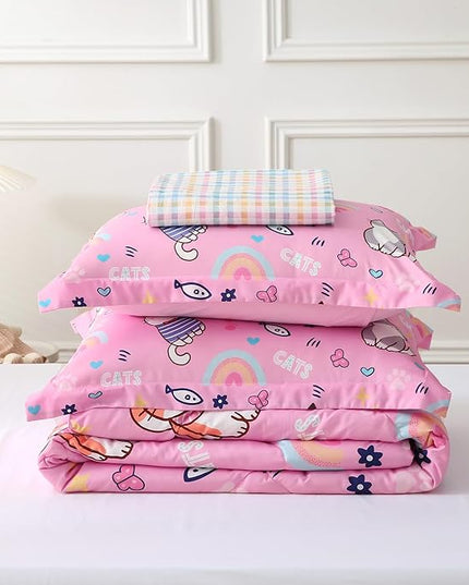 Kids Cute Cat Comforter Set Full Size 7 Piece Pink Rainbow Star Sun Heart Bed in A Bag Kawaii Animal Butterfly Fish Bedding Set for Girls Teens Super Soft All Season - LeafyLoom