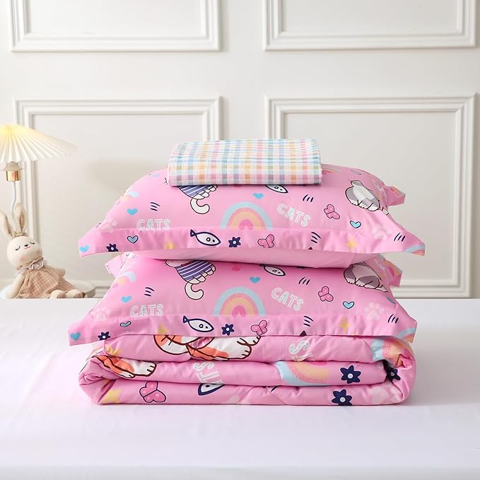 Kids Cute Cat Comforter Set Full Size 7 Piece Pink Rainbow Star Sun Heart Bed in A Bag Kawaii Animal Butterfly Fish Bedding Set for Girls Teens Super Soft All Season - LeafyLoom