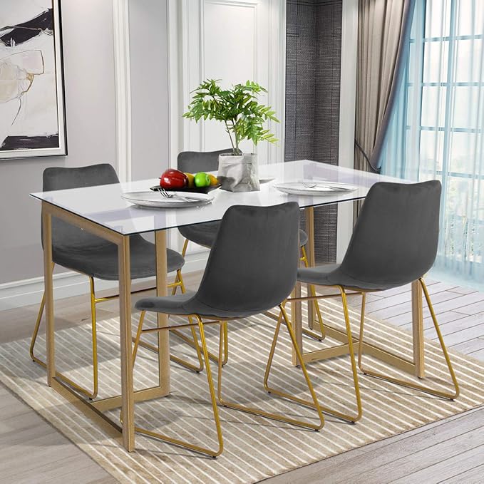 FurnitureR 47" Modern Rectangular Spacious Tempered Glass Tabletop & Gold Base Elegant Home Kitchen Room Dining Table, Gold - LeafyLoom