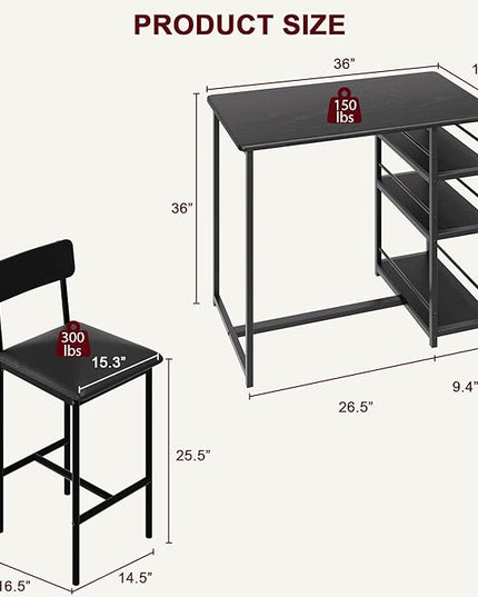 GAOMON Dining Table Set for 2, Kitchen Table and Chairs for 2 with Upholstered Chairs, 3 Piece Counter Height Bar Kitchen Table Set with 3 Storage Shelves for Small Space, Apartment, Rustic Black - LeafyLoom