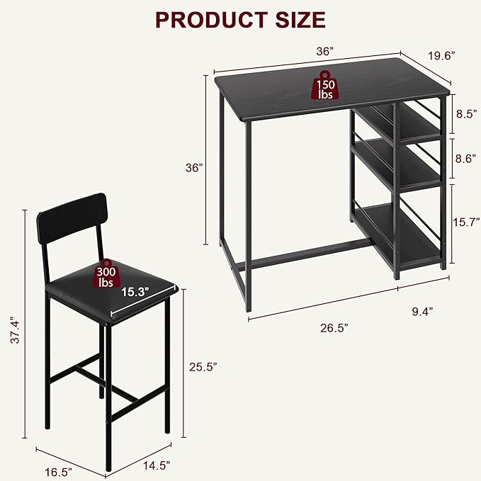 GAOMON Dining Table Set for 2, Kitchen Table and Chairs for 2 with Upholstered Chairs, 3 Piece Counter Height Bar Kitchen Table Set with 3 Storage Shelves for Small Space, Apartment, Rustic Black - LeafyLoom