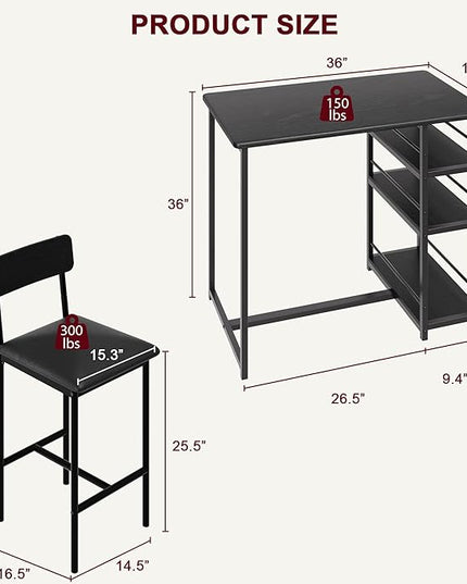 Dining Table Set for 2, Kitchen Table and Upholstered Chairs for 2, 3 Piece Counter Height Bar Table Set with 3 Large Storage Shelves for Small Space, Apartment, Studio, Rustic Black - LeafyLoom