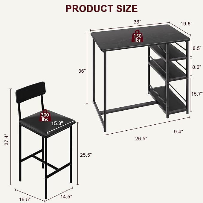 Dining Table Set for 2, Kitchen Table and Upholstered Chairs for 2, 3 Piece Counter Height Bar Table Set with 3 Large Storage Shelves for Small Space, Apartment, Studio, Rustic Black - LeafyLoom