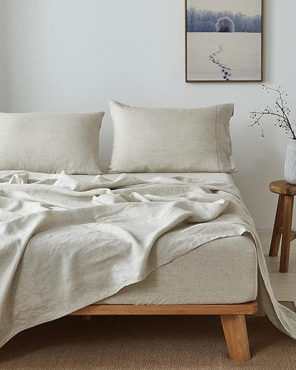 Simple&Opulence 100% Belgian Linen Sheet Set Handmade Hemstitch Linen King Size Bed Sheet-4 Piece (1 Flat Sheet+1 Fitted Sheet+2 Pillowcases)-Natural Flax Farmhouse Bedding - LeafyLoom