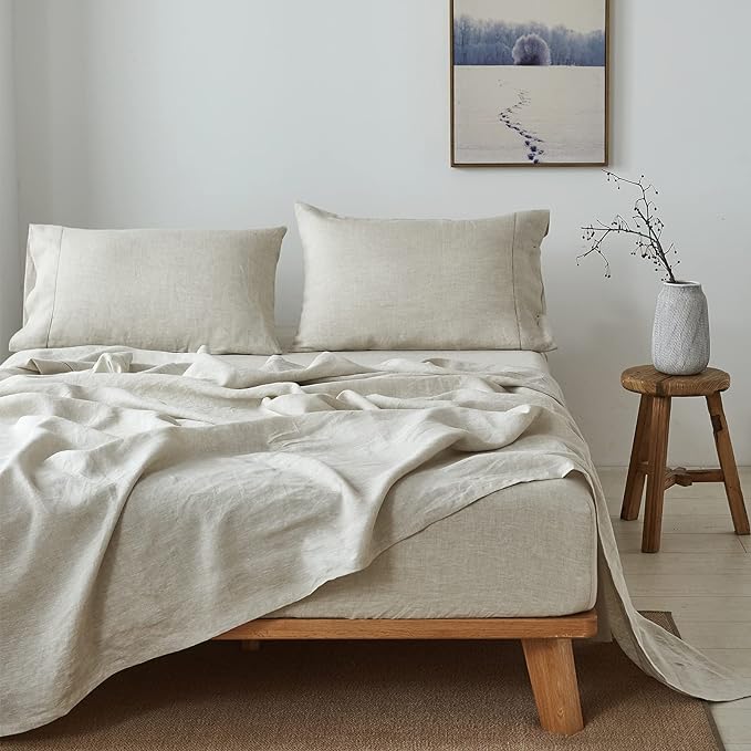 Simple&Opulence 100% Belgian Linen Sheet Set Handmade Hemstitch Linen King Size Bed Sheet-4 Piece (1 Flat Sheet+1 Fitted Sheet+2 Pillowcases)-Natural Flax Farmhouse Bedding - LeafyLoom