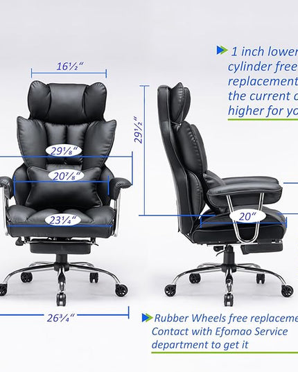 Desk Office Chair 400LBS, Big and Tall Office Chair, PU Leather Computer Chair, Executive Office Chair with Leg Rest and Lumbar Support, Black Office Chair - LeafyLoom
