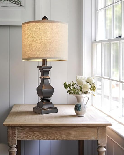 PoKat 20.5'' Bedside Table Lamp for Bedroom Nightstand - Farmhouse Lamp for Living Room, Black Night Stand Light Lamp with Round Linen Shade, Vintage Bedroom Lamp, Suitable for Small Place - LeafyLoom