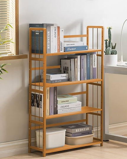 IOTXY Adjustable Bamboo Open Bookshelf - Medium 4-Tier Free Standing Storage Rack, Multifunctional Display Stand for Bookcase, Home and Office, Light Brown - LeafyLoom