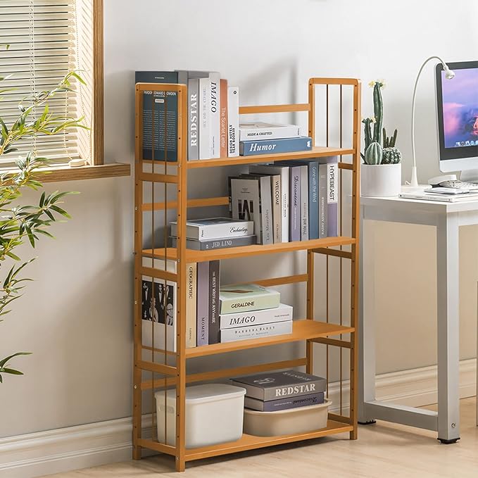 IOTXY Adjustable Bamboo Open Bookshelf - Medium 4-Tier Free Standing Storage Rack, Multifunctional Display Stand for Bookcase, Home and Office, Light Brown - LeafyLoom