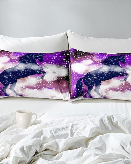 Galaxy Horse Comforter Set for Girls Purple Twin Bedding Set Magic Cloud Horse Bed Set Twin Size Bedroom Fashion 2 Piece Quilt Set, All Season 2 Piece 1 Twin Comforter + 1 Pillowcase - LeafyLoom