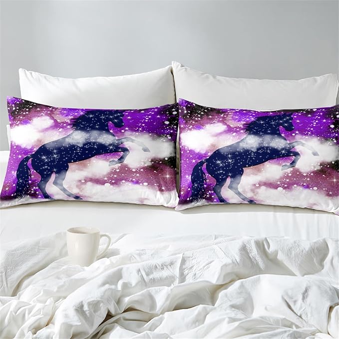 Horse Comforter Full Size Girls Full Bedding Set Purple Galaxy Bed Set Purple Starry Stars Soft Durable Quilt, 3 Piece Full Comforter Set 1 Full Comforter + 2 Pillowcases - LeafyLoom