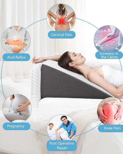 Wedge Pillow for Sleep Apnea, 12 Inch Bed Wedge Pillow for Headboard, Wedge Pillow for Acid Reflux, After Surgery, Snoring, Cooling Memory Foam Top Triangle Pillow Wedge, Removable Cover - LeafyLoom