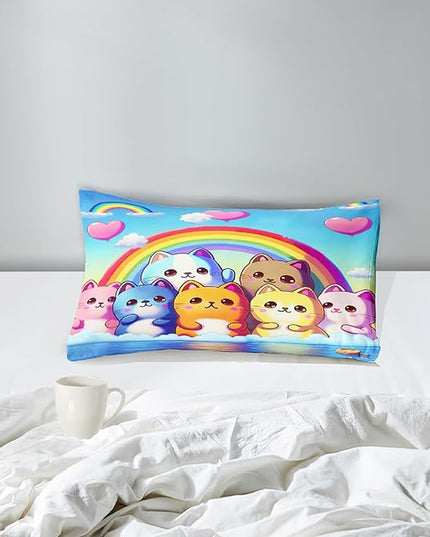 Rainbow Cat Comforter Twin Size - Rainbow Cat Bedding for Girls Room Cute Cartoon Rainbow Bedding Twin Comforter Sets for Kids, 1 Comforter+1 Pillowcase - LeafyLoom