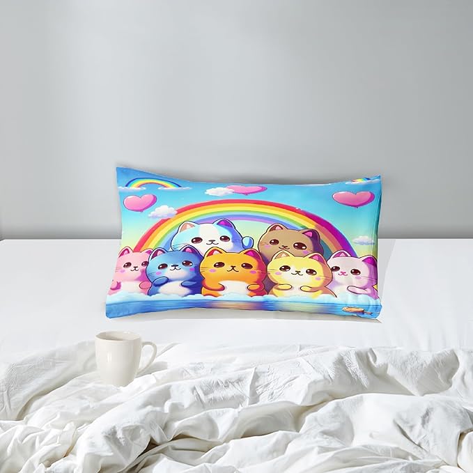 Rainbow Cat Comforter Twin Size - Rainbow Cat Bedding for Girls Room Cute Cartoon Rainbow Bedding Twin Comforter Sets for Kids, 1 Comforter+1 Pillowcase - LeafyLoom