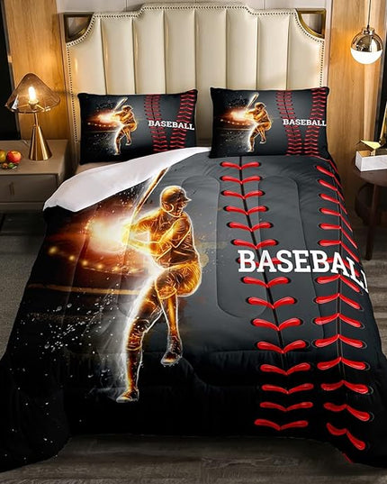 Erosebridal Baseball Bedding Set, Golden Athlete Comforter Set Queen Size, Sports Games Down Comforter for Kids Boys Girls Bedroom, Glitter Outer Space Duvet Insert for Living Room - LeafyLoom