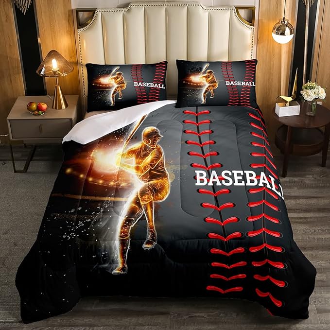 Erosebridal Baseball Bedding Set, Golden Athlete Comforter Set Queen Size, Sports Games Down Comforter for Kids Boys Girls Bedroom, Glitter Outer Space Duvet Insert for Living Room - LeafyLoom