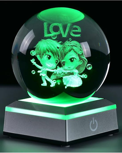3D Crystal Ball Lovers Model, with Led Lamp Stand, 3.15'' Sweet Couple Glass Ball Decor, Engraved Crystal Sphere with Gift Box, 6 Color Light, Romantic Gifts for Kids Friends Birthday - LeafyLoom
