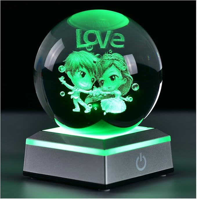 3D Crystal Ball Lovers Model, with Led Lamp Stand, 3.15'' Sweet Couple Glass Ball Decor, Engraved Crystal Sphere with Gift Box, 6 Color Light, Romantic Gifts for Kids Friends Birthday - LeafyLoom
