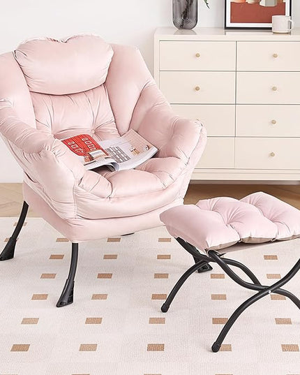 Lazy Chair with Ottoman, Modern Chair with Folding Footrest, Lounge Accent Chair, Comfortable Reading Chair, Oversized Armchairs for Bedroom, Study, Living Room, Courtyard (Pink) - LeafyLoom