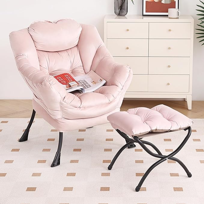 Lazy Chair with Ottoman, Modern Chair with Folding Footrest, Lounge Accent Chair, Comfortable Reading Chair, Oversized Armchairs for Bedroom, Study, Living Room, Courtyard (Pink) - LeafyLoom
