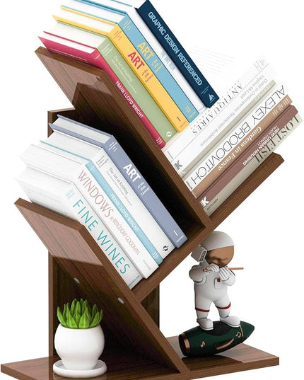 Tree Bookshelf, 3-Tier Small Book Storage Organizer Shelves Floor Standing Bookcase, Wood Storage Rack for Office Home School Shelf Display for Cd/Magazine（Dark Walnut ） - LeafyLoom