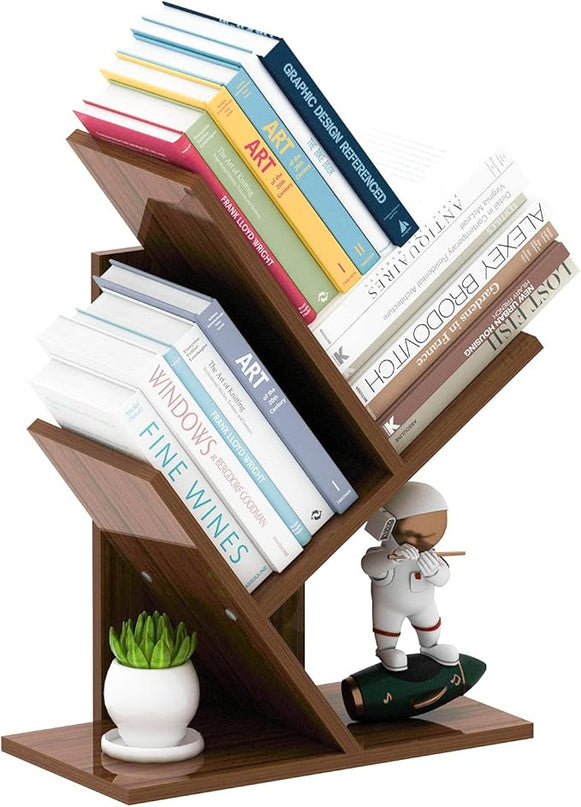 Tree Bookshelf, 3-Tier Small Book Storage Organizer Shelves Floor Standing Bookcase, Wood Storage Rack for Office Home School Shelf Display for Cd/Magazine（Dark Walnut ） - LeafyLoom