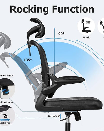Ergonomic Office Chair, High Back Mesh Desk Chair with Lumbar Support and Adjustable Headrest, Computer Task Chair with Flip-up Armrests, Swivel Executive Chairs for Home Office (Black) - LeafyLoom