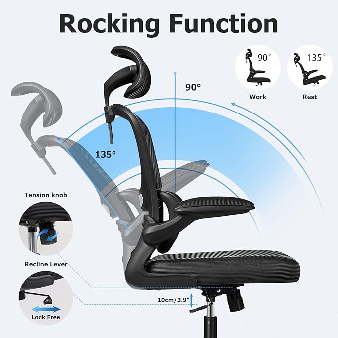 Ergonomic Office Chair, High Back Mesh Desk Chair with Lumbar Support and Adjustable Headrest, Computer Task Chair with Flip-up Armrests, Swivel Executive Chairs for Home Office (Black) - LeafyLoom