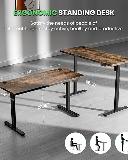 Electric Standing Desk Adjustable - 55 x 24 Inch Sit Stand up Desk with Cable Management - 3 Memory Preset Adjustable Height Desk Computer Home Office Desk - LeafyLoom