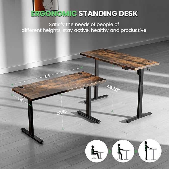 Electric Standing Desk Adjustable - 55 x 24 Inch Sit Stand up Desk with Cable Management - 3 Memory Preset Adjustable Height Desk Computer Home Office Desk - LeafyLoom