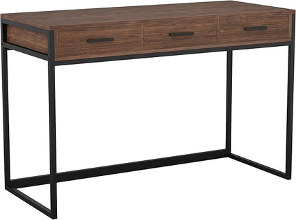Martha Stewart Ollie Home Office Desk with 3 Drawers in Walnut Wood Grain with Oil Rubbed Bronze Hardware - LeafyLoom