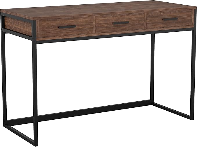 Martha Stewart Ollie Home Office Desk with 3 Drawers in Walnut Wood Grain with Oil Rubbed Bronze Hardware - LeafyLoom