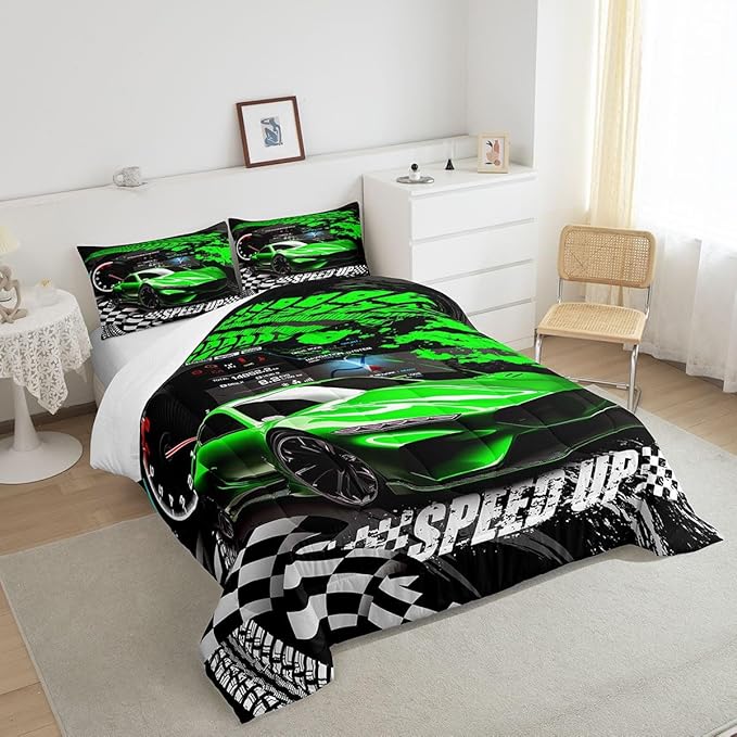 Feelyou Kids Boys Girls Race car Comforter Full Size, Green Race Car Buffalo Plaid Comforter Set for Teens Toddler Sports Car Bedding Set Racing Car Duvet Set Bed Set Room Decor Bedding Collection - LeafyLoom