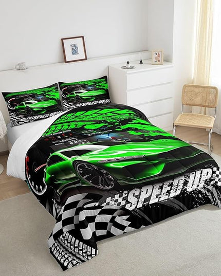 Feelyou Kids Boys Girls Race car Comforter Twin Size, Green Race Car Buffalo Plaid Comforter Set for Teens Toddler Sports Car Bedding Set Racing Car Duvet Set Room Decor Quilt Set Bedding Collection - LeafyLoom