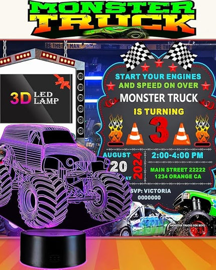 Monster Trucks Night Light for Boys 3D LED Lamp, Home Decor Lighting for Kids Room, Perfect Kids Room Decor, Inspired by The Iconic Grave Digger Monster Truck, Ideal Gift for Kids Fans - LeafyLoom